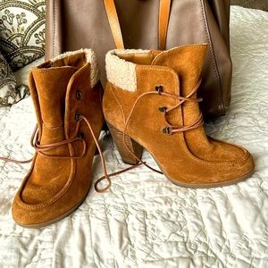 Bjorndal Tan Suede Leather Farroh Ankle Booties Womens 10 Lace Up Heeled Boots